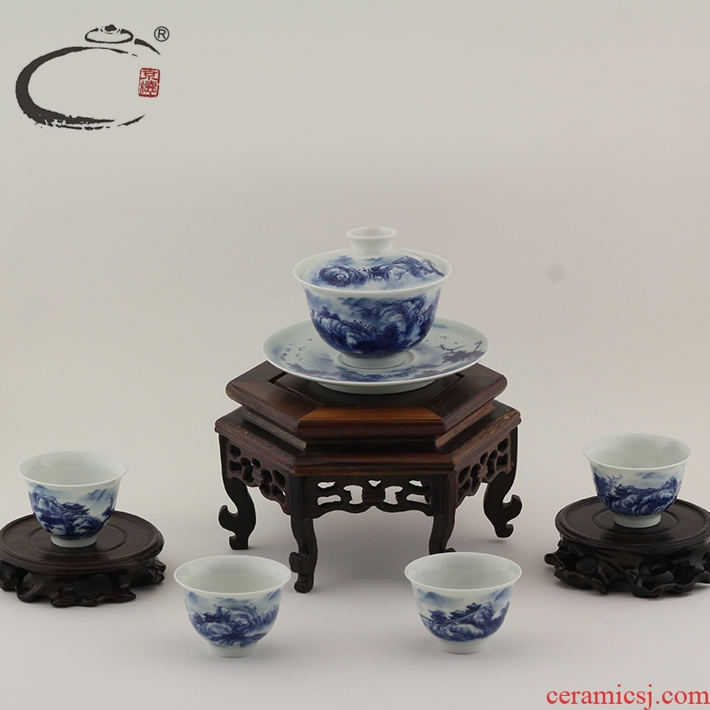 And auspicious jingdezhen hand - made a set of tea tureen tea sample tea cup blue And white porcelain bowl with landscape tureen group