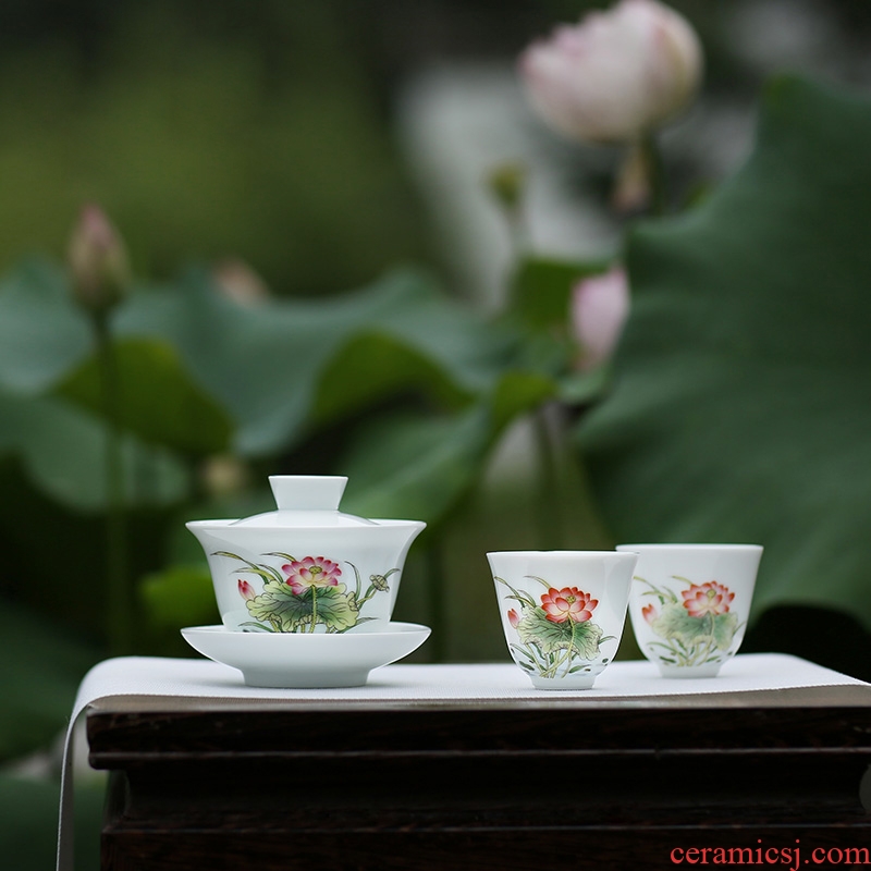 JingJun jingdezhen ceramics kung fu tea set only three bowl of hand - made of lotus tureen cup tea bowl set by hand
