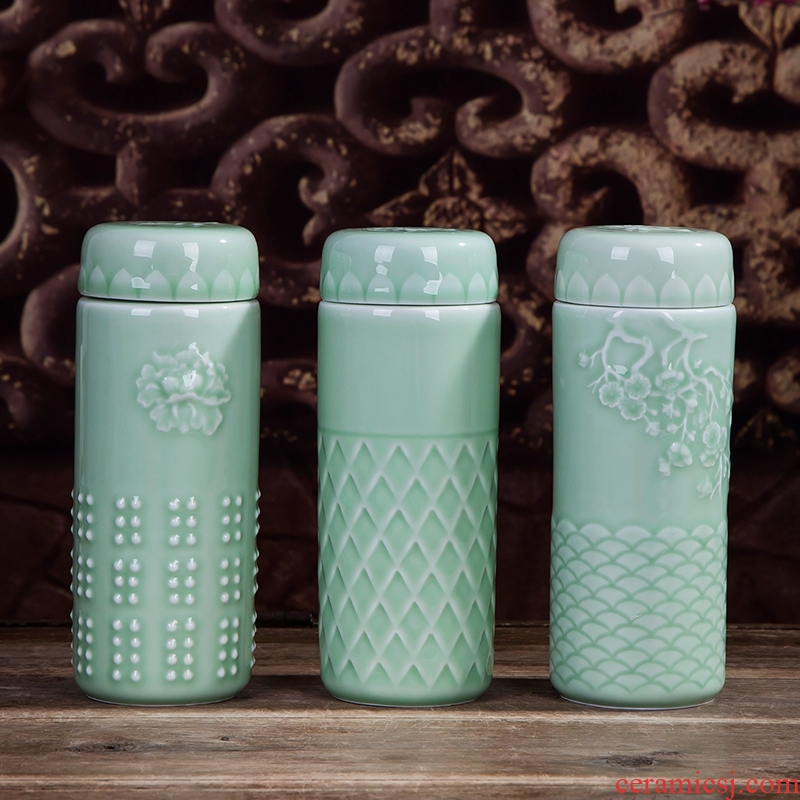 Jingdezhen porcelain carving vacuum cup men 's and women' s business health ceramic cup double ceramic automotive belt filter