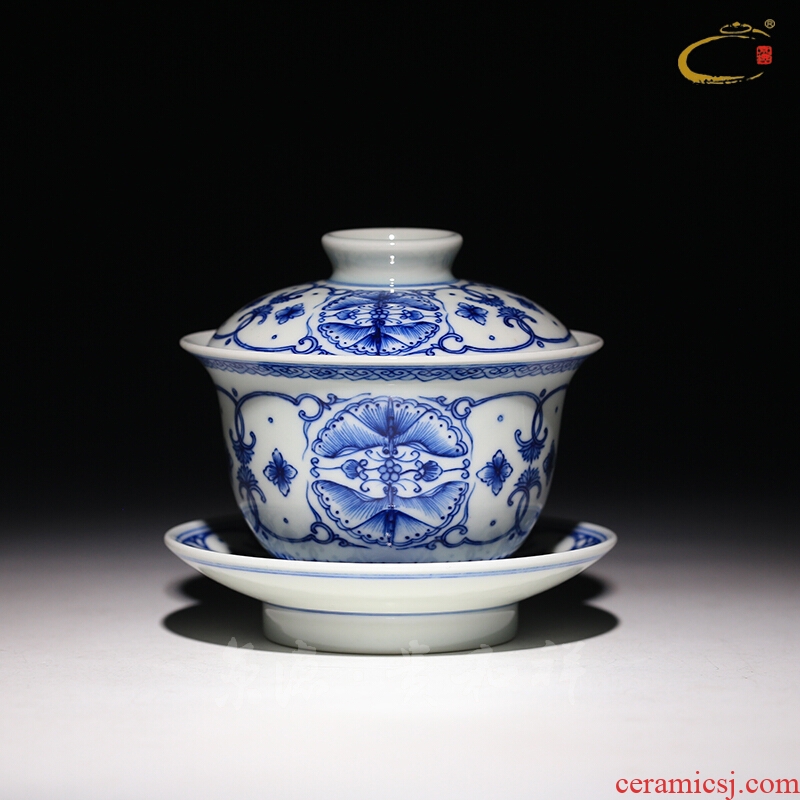 And auspicious jing DE collection jingdezhen blue And white ball butterfly tureen checking ceramic tea set to Mary new one cup bowl