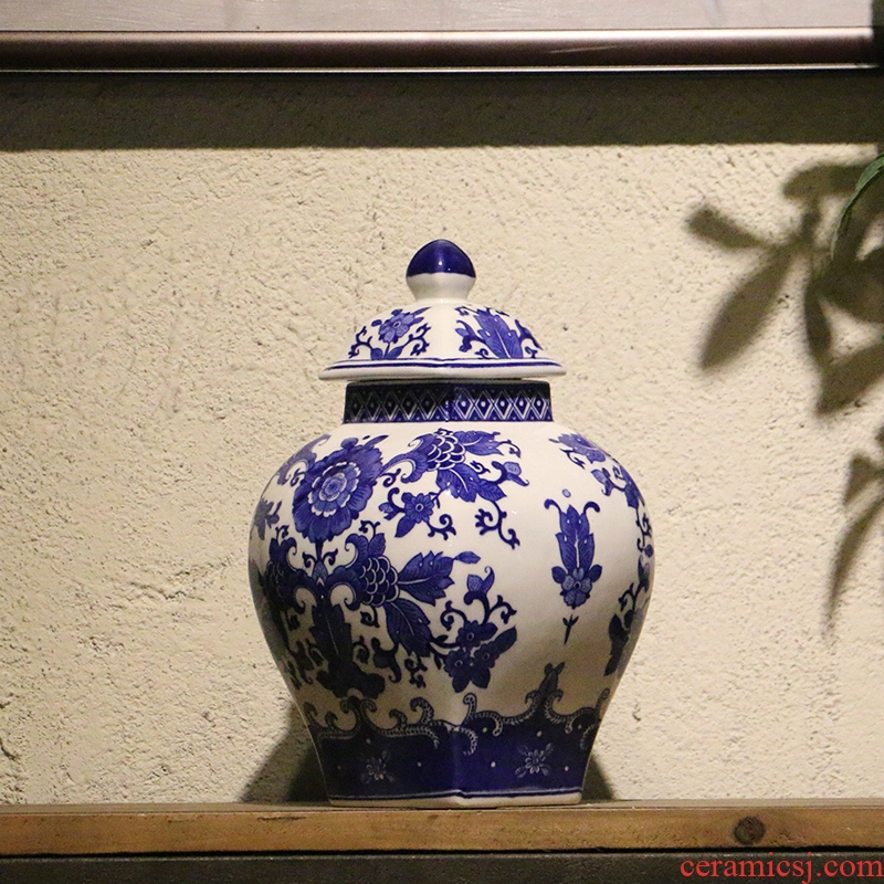 Blue and white can of new Chinese style classical jingdezhen sifang household act the role ofing is tasted storage tank porch desktop with cover furnishing articles