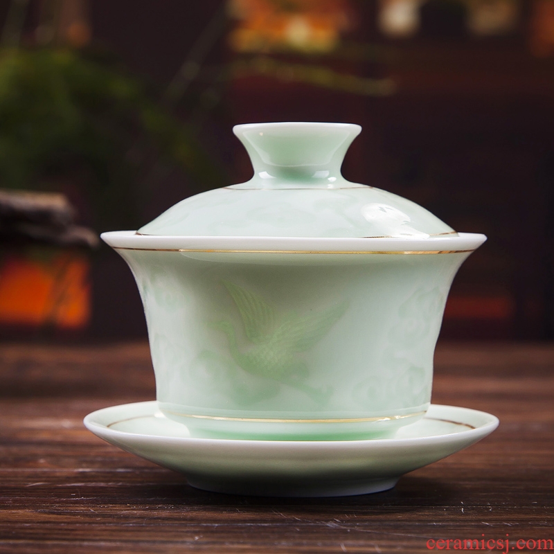 Celadon tureen tea bowl thin foetus tureen ceramic kung fu tea cups for three cups of tea