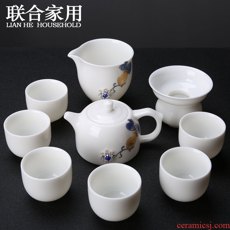 Household suet jade porcelain kung fu tea set dehua white porcelain tea set with silver tea teapot teacup set