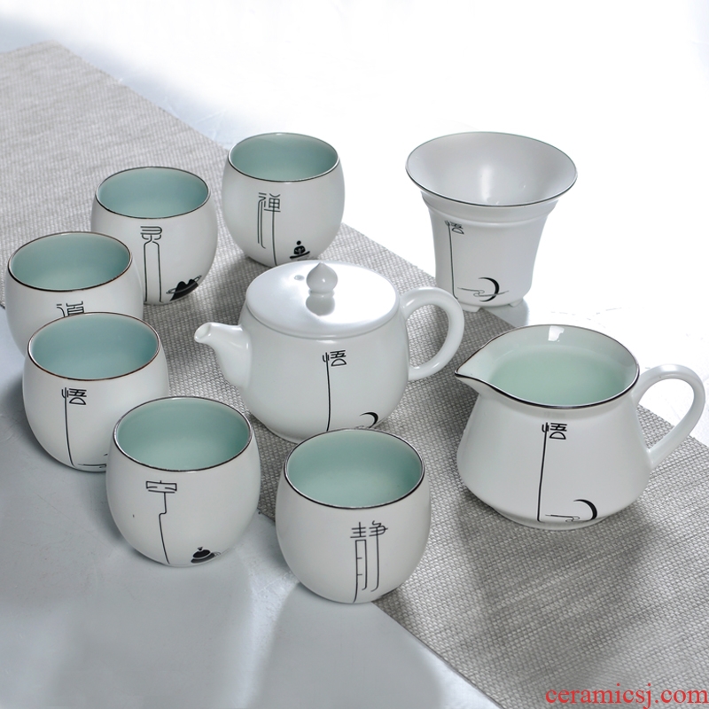 Having a complete set of kung fu tea set suet white porcelain inferior smooth glaze up white tureen gift set the teapot