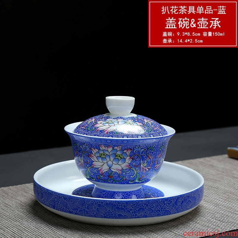 Have the color blue and white porcelain tea set household Chinese pick flowers of a complete set of ceramic teapot tea tray tureen kung fu tea cups