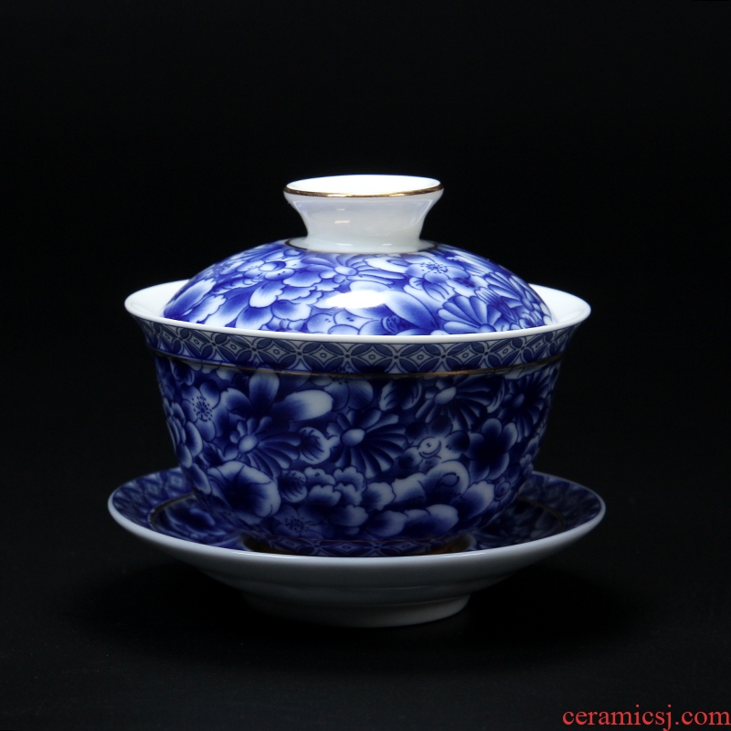 Blue and white teapot tea bowl three cups to make tea and exquisite hollow out Blue and white porcelain ceramic kung fu tea set to use