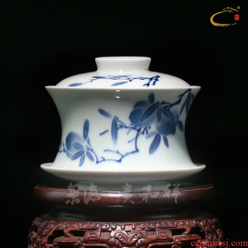 Jing DE auspicious manual hand - made esteeming harmony of blue and white peach delight in tureen jingdezhen ceramic tea cup three worship the bowl