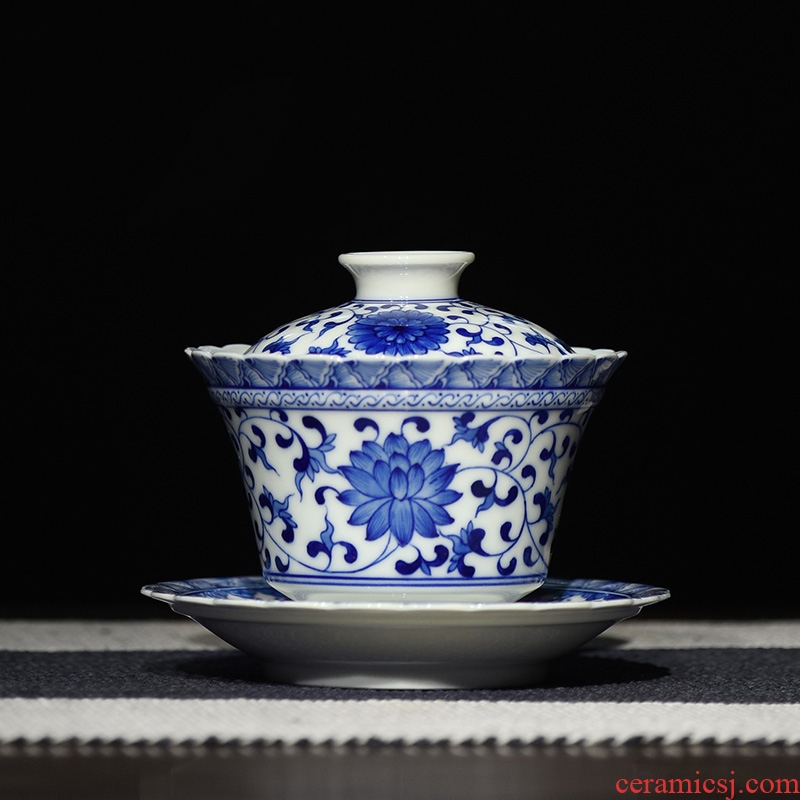 JingJun jingdezhen ceramic hand - made bound lotus flower all hand three tureen of blue and white porcelain teacup kung fu tea bowl