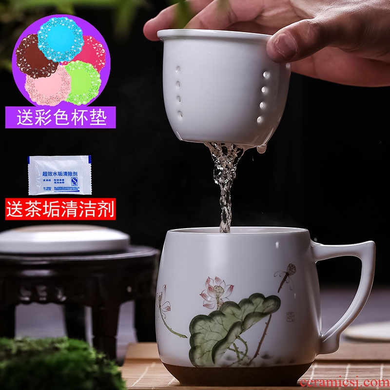Jingdezhen ceramic filter cups with cover large glass hand - made office tea cup home mark cup 450 ml