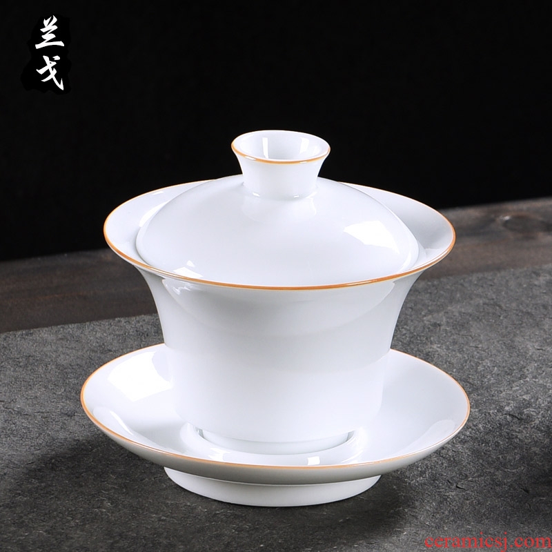 Having dehua white porcelain tureen kung fu tea set fat white ceramic bowl three bowl to bowl large tea cup