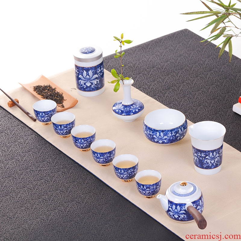 Jingdezhen blue and white kung fu tea set household glass ceramic teapot with caddy fixings vase gift box