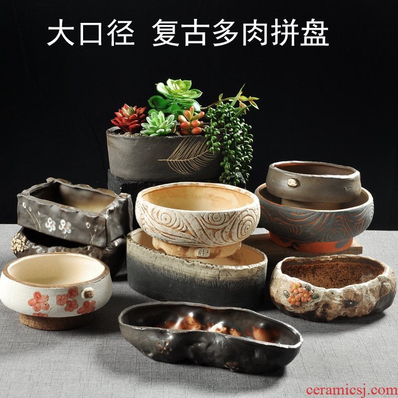 Large caliber Chinese wind restoring ancient ways is meaty plant flower pot wholesale ceramic purple sand flowerpot Large indoor flesh POTS