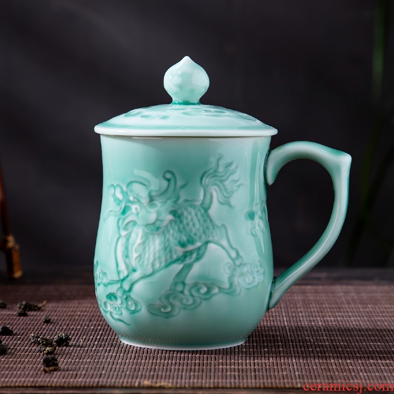 Office of jingdezhen ceramic cups with cover glass, household cup celadon personal keller cup gift reliefs
