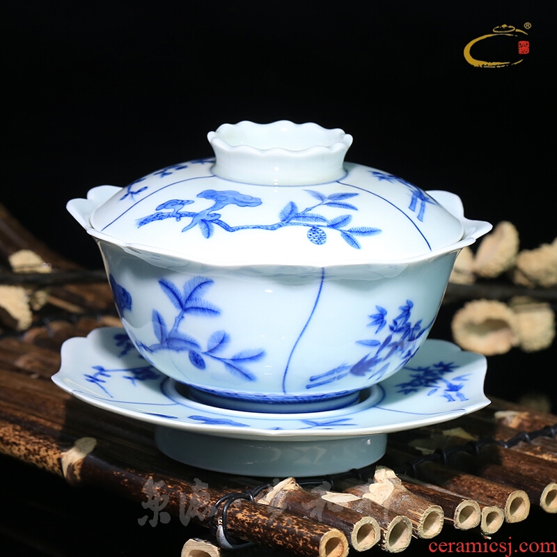 Beijing DE and auspicious full manual hand - made jingdezhen blue and white poetic age three to tureen large tea tea bowl