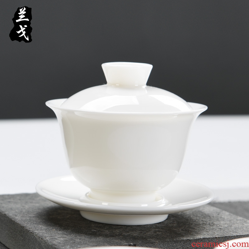 Having dehua white porcelain tureen ceramic only three bowl of kung fu tea set jade porcelain tea taking worship bowl tea cup accessories