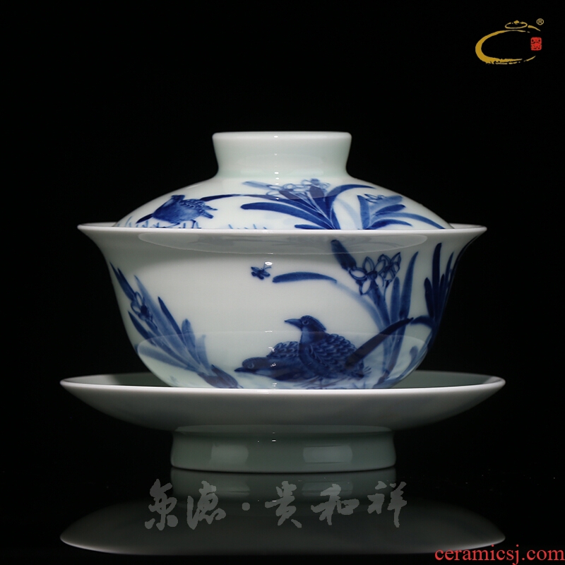 Beijing 's blue and white peace and auspicious tureen jingdezhen ceramic cups kung fu tea set manual hand draw three medium bowl