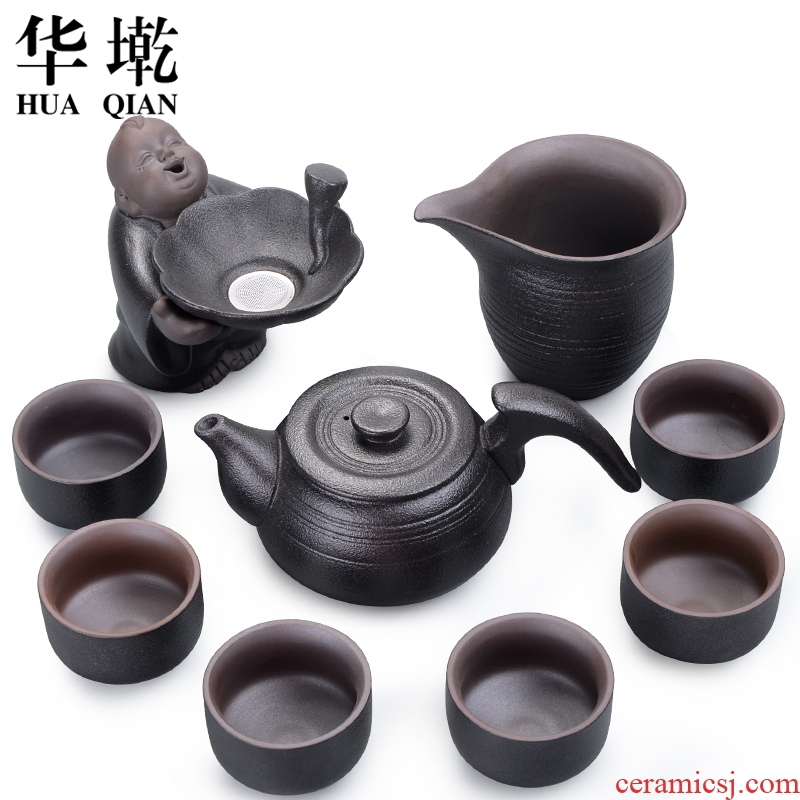 China Qian kung fu tea set suit Japanese household black pottery teapot tea cups) a complete set of ceramic gift boxes