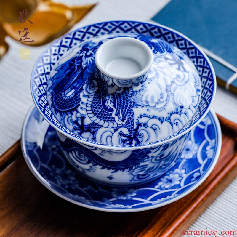 Nine at jingdezhen blue and white tureen hand - made ceramic cups dragon tea tea set large three cup bowl to bowl