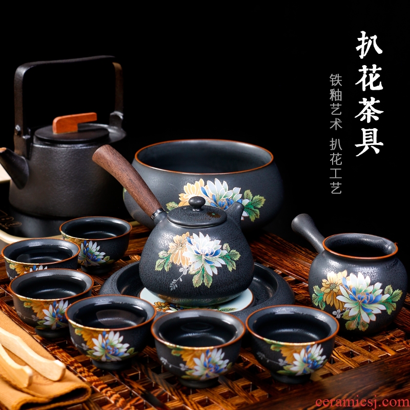 Laugh, stereo steak household kung fu tea set a complete set of ceramic tea set of black side put the pot of tea
