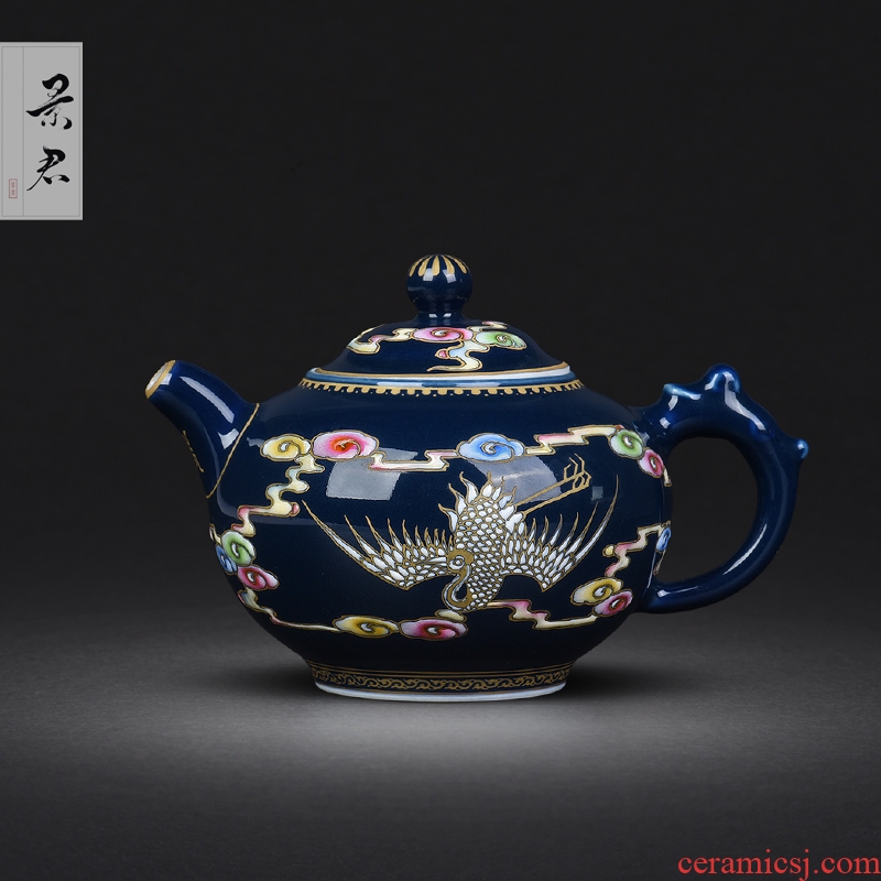 JingJun jingdezhen ceramic checking ji blue glaze hand - made colored enamel kung fu tea teapot small Chinese single pot