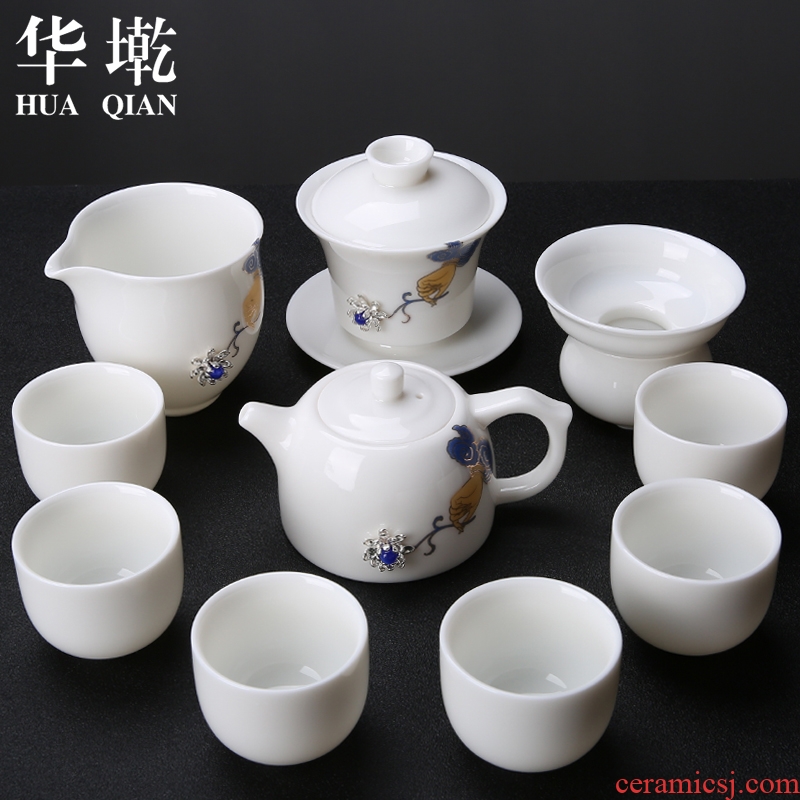 China Qian dehua white porcelain tea set China ivory white silver kung fu tea teapot tea sample tea cup