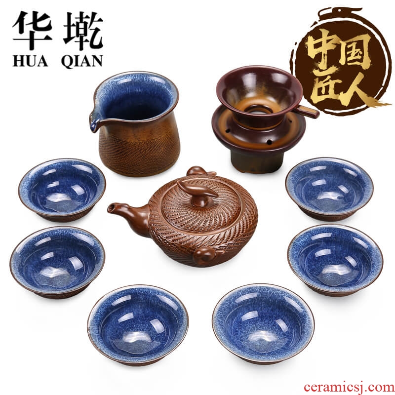 China Qian manual jump cut ceramic kung fu tea set domestic cup sample tea cup teapot archaize firewood tureen