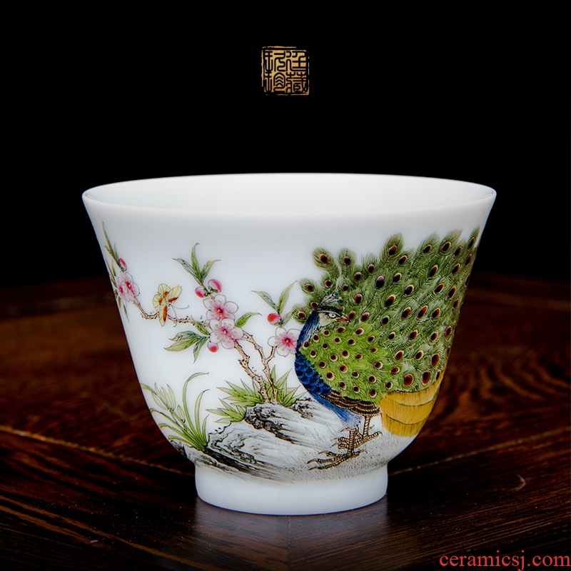 Nine at the masters cup sample tea cup single CPU jingdezhen hand peacocks kung fu tea colored enamel cup cup a character