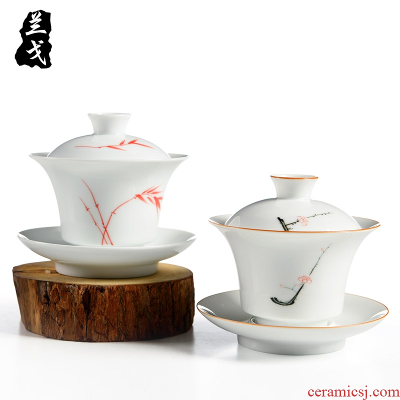 Having dehua white porcelain tureen kung fu tea set large hand - made ceramic bowl is only three bowl to bowl tea cup