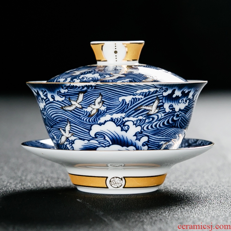 NiuRen household tureen large tea cups for worship of blue and white porcelain bowl with kung fu tea set ceramic bowl three
