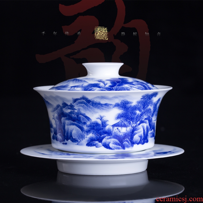 About Nine katyn tureen jingdezhen blue and white porcelain white root hand - made scenery again three tureen large kung fu tea set