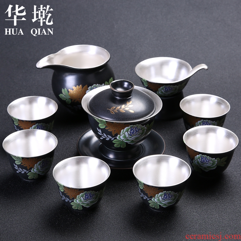 Kung fu tea set of blue and white porcelain household ceramic tea tureen coppering. The as built 999 sterling silver cup gift boxes