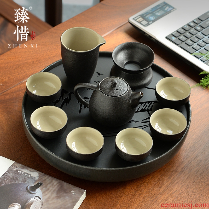 "Precious little black ceramic contracted household Japanese modern kung fu tea set little teapot cup travel dry tea tray
