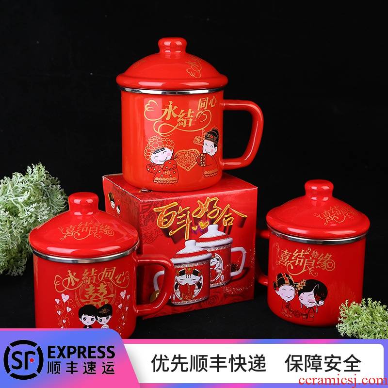 Enamel full red wedding festival cup cup Mary old tea urn with cover couples red Enamel glass