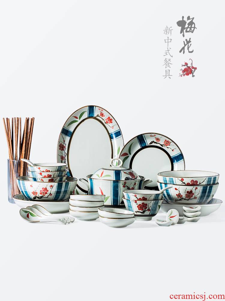 Porcelain color beauty 6 people eat Chinese dishes suit household rice bowls bowl dish plate ceramic tableware suit