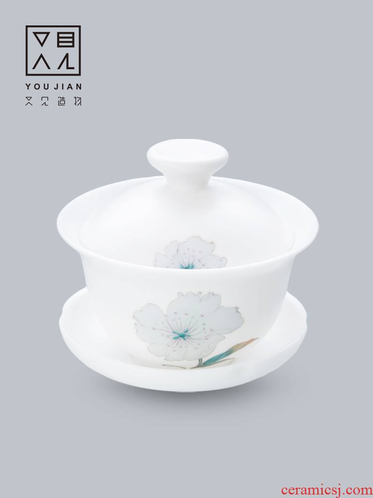 And creation of dehua white porcelain hand - made tureen three cups to a single pure manual tea large bowl tea sets
