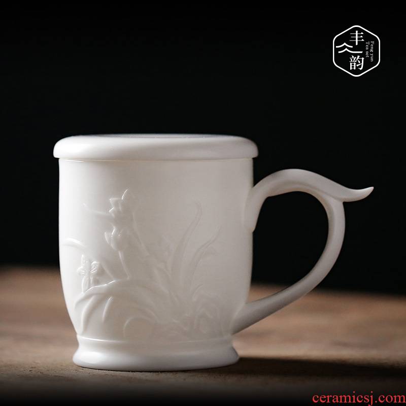 Dehua white porcelain suet jade cup single cup with cover and biscuit firing high - grade office checking ceramic tea cup