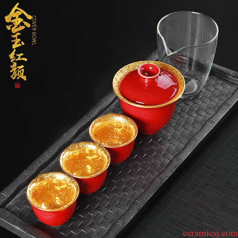 Gold kung fu tea set suits for Chinese red porcelain tureen fair keller cups of a complete set of domestic modern gift package