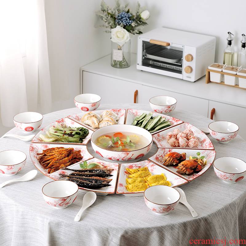Household web celebrity ceramic combination platter reunion plate is provided with circular deep dish family meals fan - shaped plates