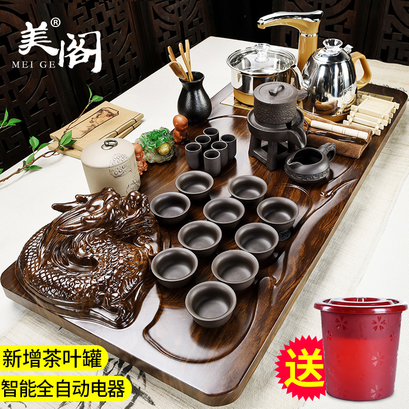 The cabinet glass kung fu tea set solid wood tea tray tea sets of fully automatic four one household purple sand teapot teacup