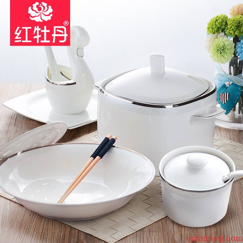 Red peony ipads porcelain tableware POTS ears thickening home soup pot Fang Guo pot rice cooker big spoon, spoon, run out