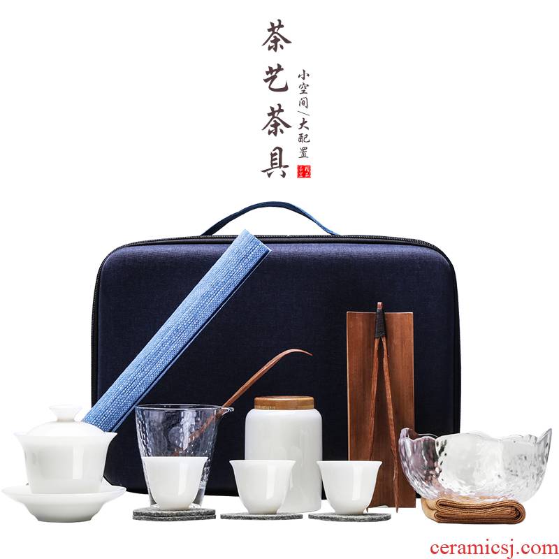 Kung fu tea set suit household contracted tea art the teacher 's would exam portable bag in dehua white porcelain cups tureen