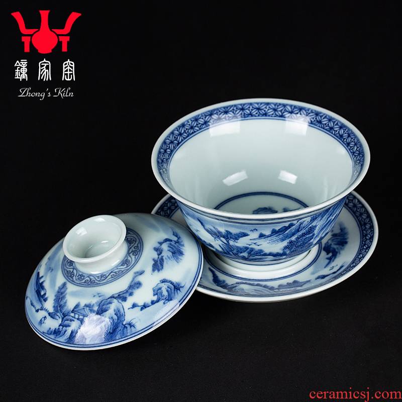 Clock home up jingdezhen tea by hand only three tureen ceramic cups hand - made porcelain bowl with single firewood landscapes