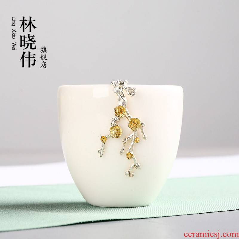 Dehua white porcelain inlay silver kung fu tea set ceramic cups master sample tea cup silver cup single CPU built light tea bowl