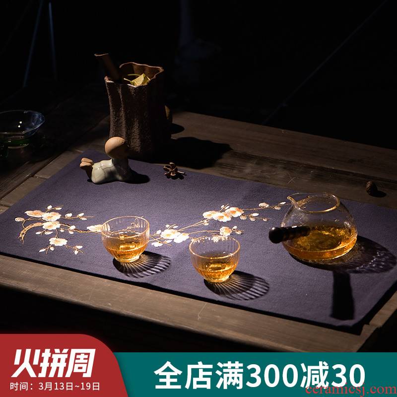 Cotton checking ceramic story zen embroidery table flag Chinese tea taking hand - made linen kung fu tea mat tea table