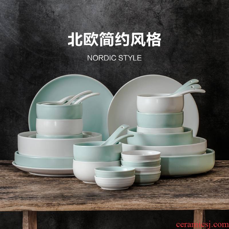 Nordic tableware suit mint green dish dish by by 2/4/6 family contracted as ceramic bowl chopsticks combination web celebrity soup bowl
