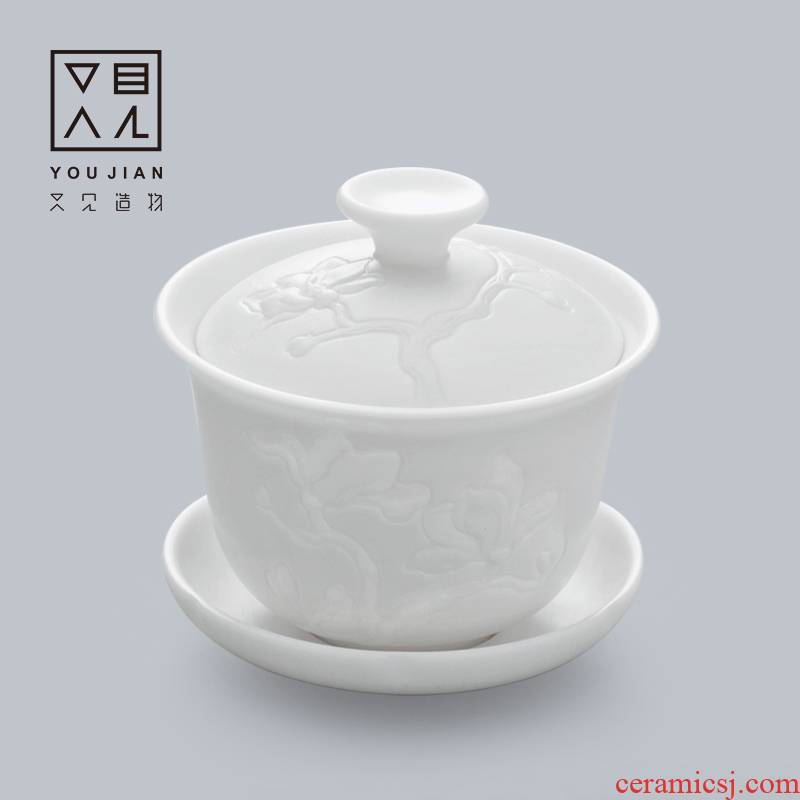 And creation of dehua white porcelain orchid only three tureen tea bowl of pure white kung fu tea cups relief by hand