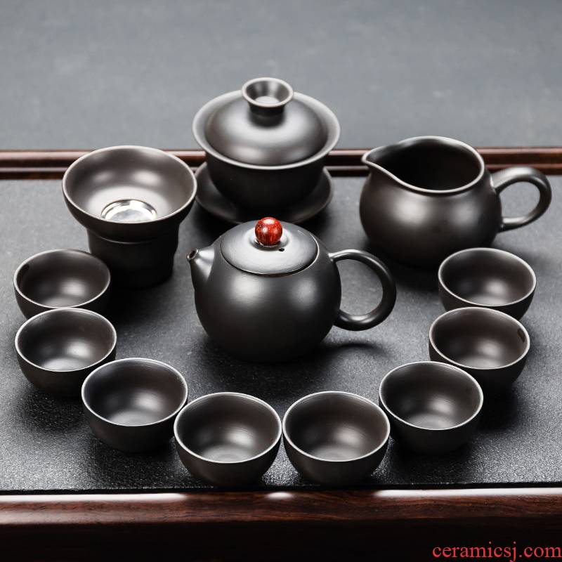NiuRen ceramic purple kung fu tea set household undressed ore tureen tea cup teapot contracted a complete set of black mud