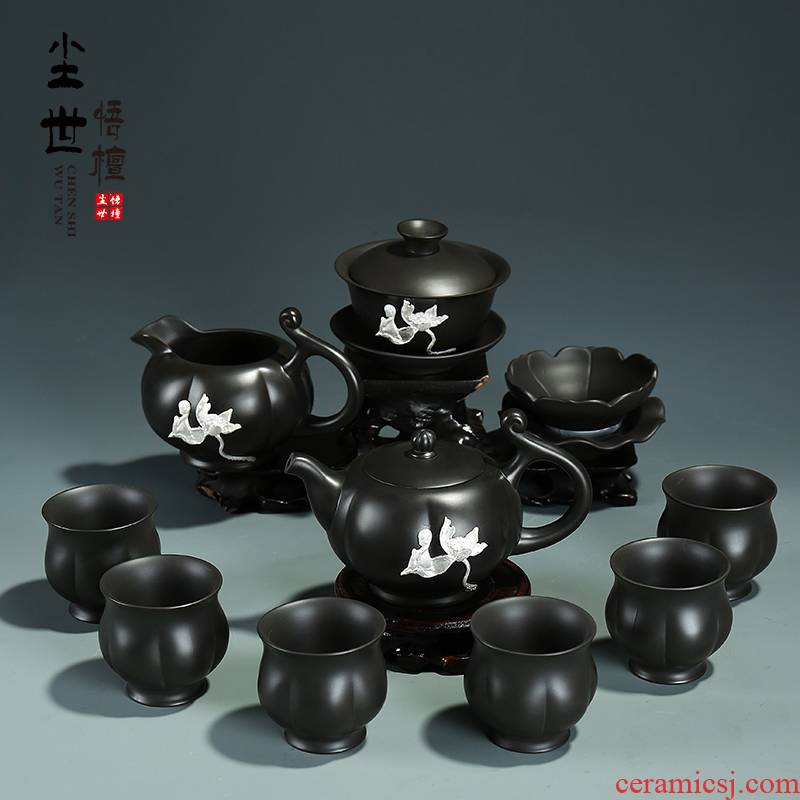 The world of a complete set of violet arenaceous silver lid bowl of black mud kung fu tea set tea service suit coppering. As silver teapot teacup