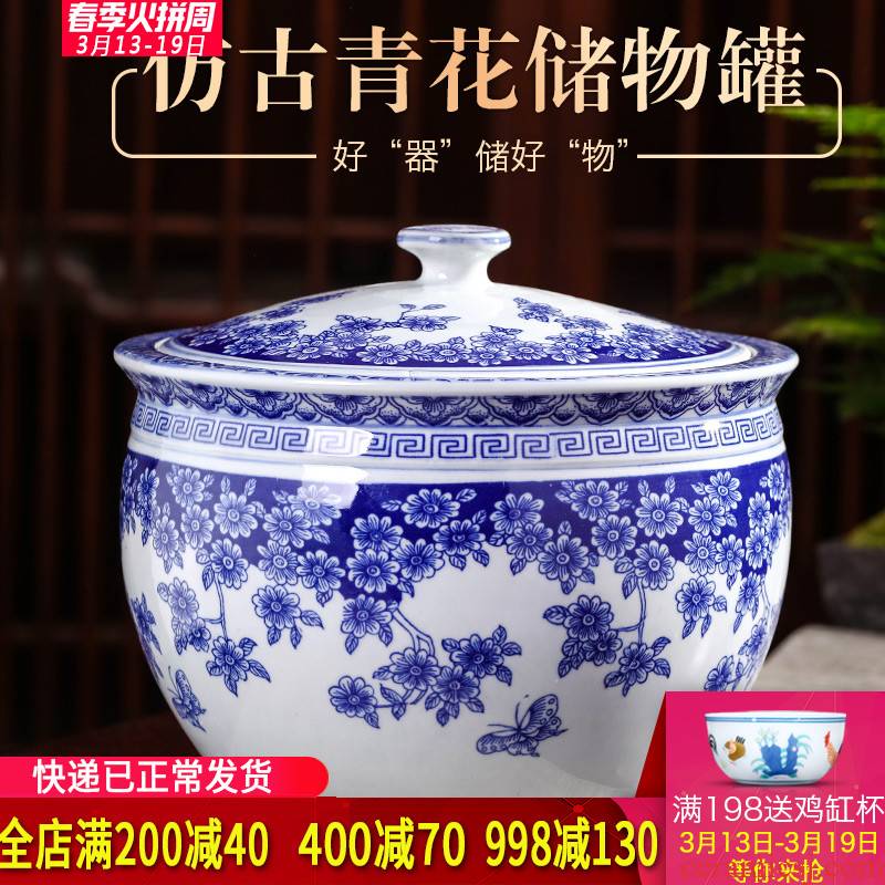 Jingdezhen blue and white porcelain tea pot with cover household ceramics from 20 jins puer tea cake storage tank sealing a large
