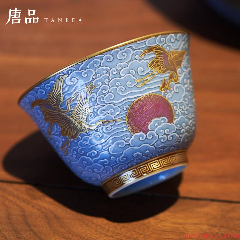 Colored enamel xiangyun cranes teacup azure glaze master cup paint single CPU jingdezhen tea set gift collection by hand